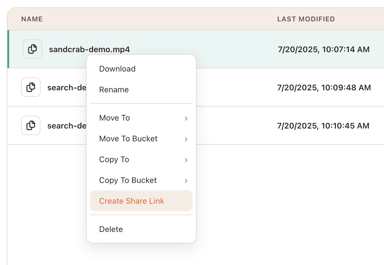 SandCrab share link context menu